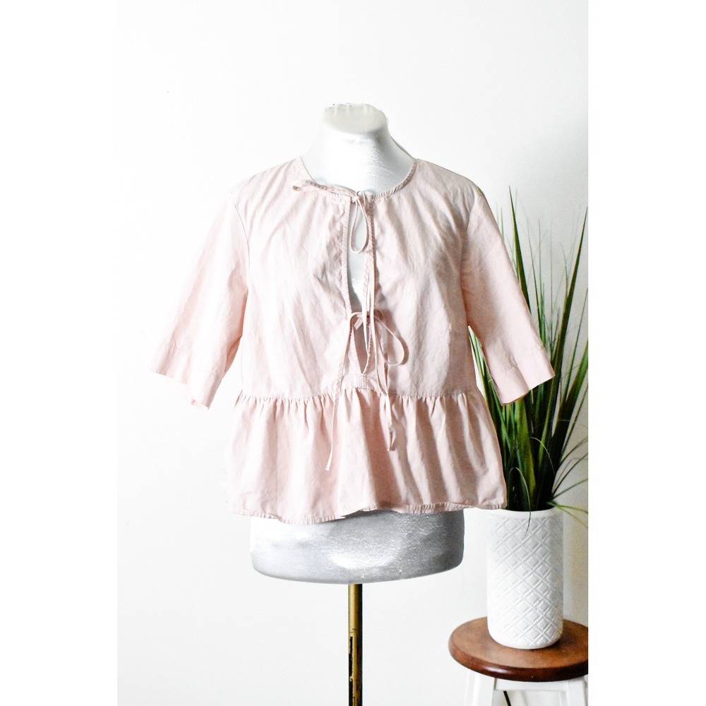 H&M Divided Peplum Blouse Womens Size S Pink Modern Tie Front Elbow Sleeve Top